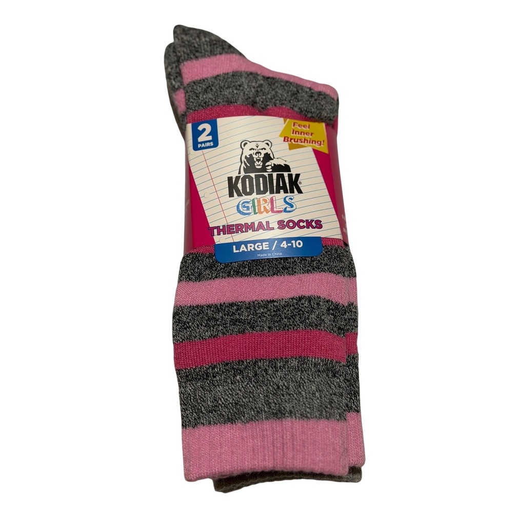 Kodiak Thermal Socks Pink Grey Striped 2 Pairs Brushed Inner Large 4-10 Girls